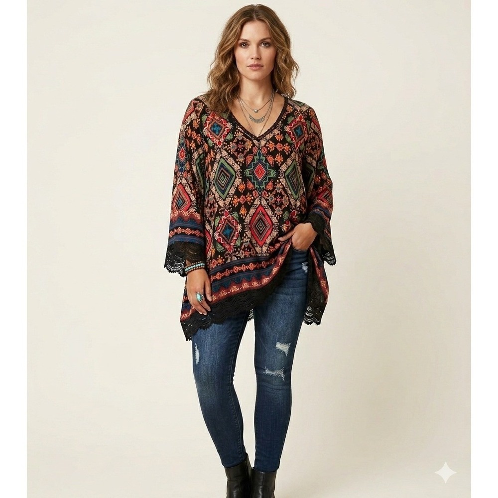 Back in the Saddle Boho Geometric Print Lace Trim Tunic Top XL Cowgirl Southwest